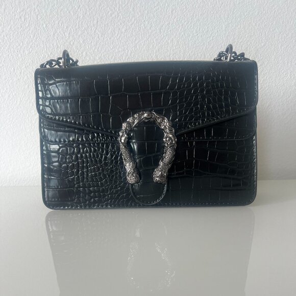 Crocodile Faux Leather Black Crossbody Shoulder Bag - Picture 2 of 6